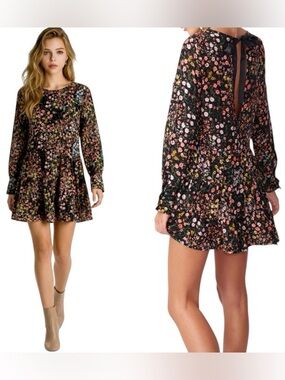 Zara Multicolor Floral on Black Layered Ruffle Skirt-Like Romper Ribbon Tie-Back